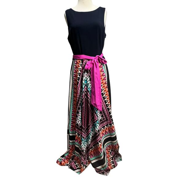 Eliza J Maxi Dress Women 14 Black Multicolor Scarf Print Jersey Sleeveless Lined - Picture 2 of 15